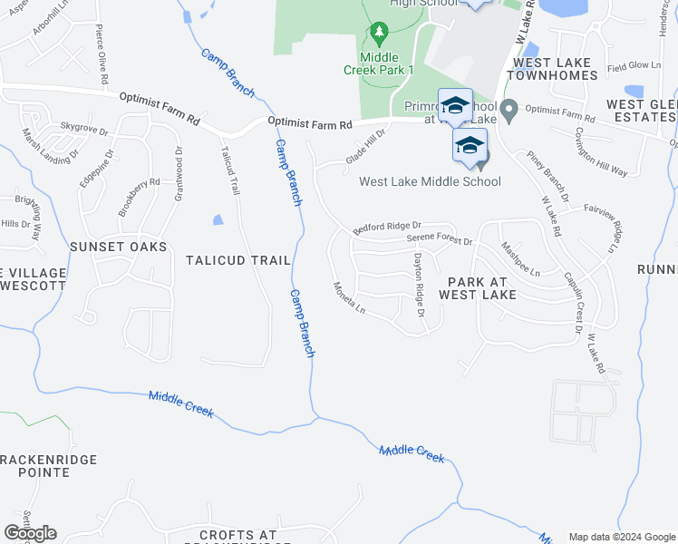map of restaurants, bars, coffee shops, grocery stores, and more near 5436 Moneta Lane in Apex
