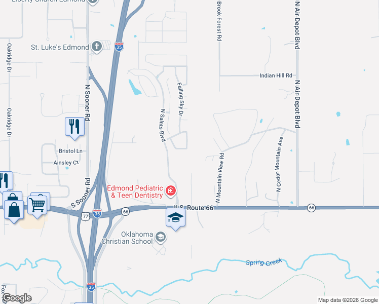map of restaurants, bars, coffee shops, grocery stores, and more near 200 Nature Lane in Edmond