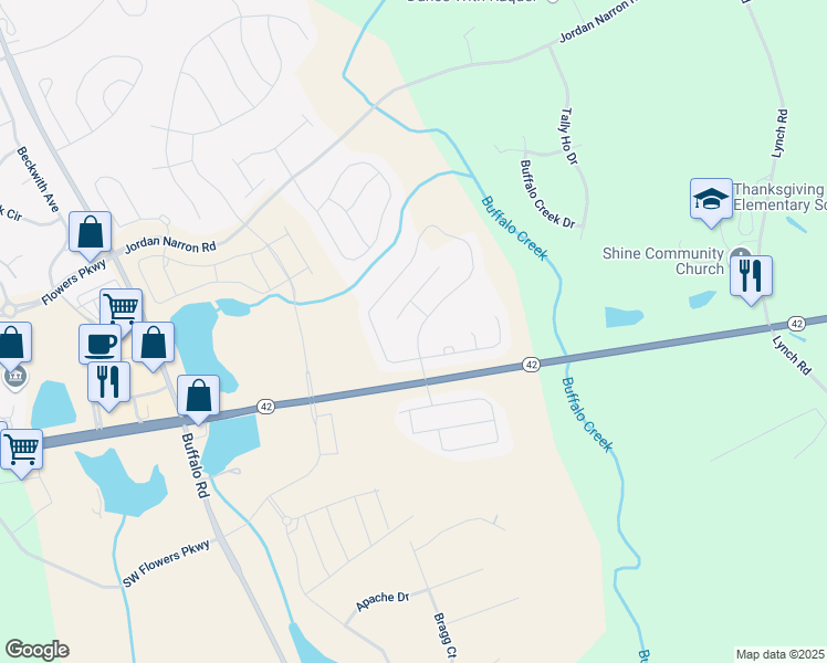 map of restaurants, bars, coffee shops, grocery stores, and more near 63 Mallard Loop Drive in Clayton
