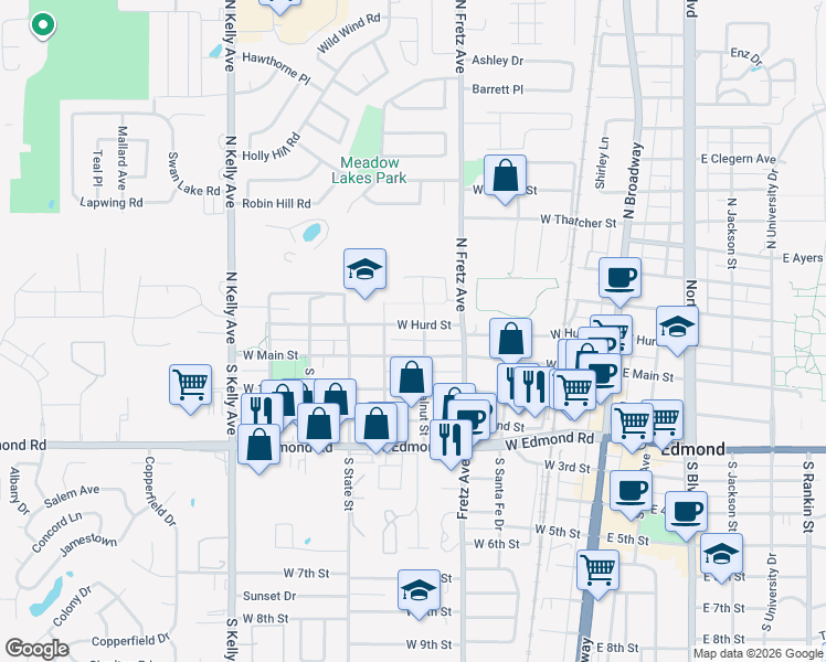 map of restaurants, bars, coffee shops, grocery stores, and more near 404 West Hurd Street in Edmond