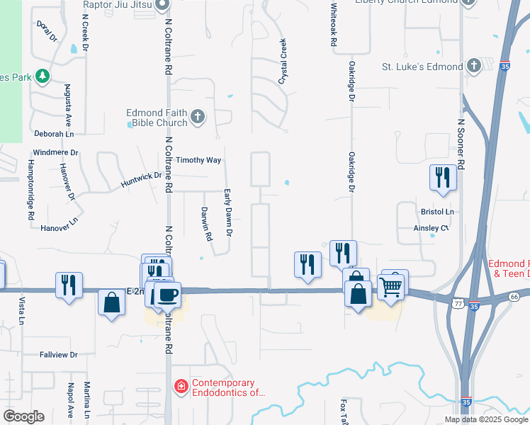 map of restaurants, bars, coffee shops, grocery stores, and more near 117 Bradbury Drive in Edmond