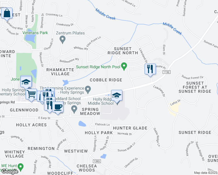 map of restaurants, bars, coffee shops, grocery stores, and more near 109 Cobblepoint Way in Holly Springs