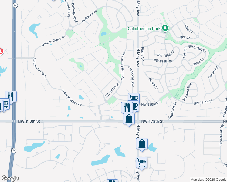 map of restaurants, bars, coffee shops, grocery stores, and more near 3024 Northwest 181st Street in Edmond