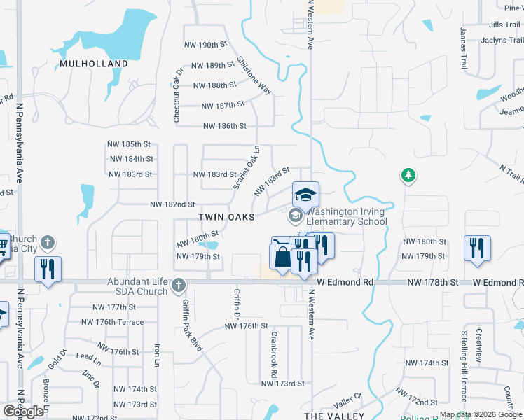 map of restaurants, bars, coffee shops, grocery stores, and more near 1301 Northwest 181st Street in Edmond