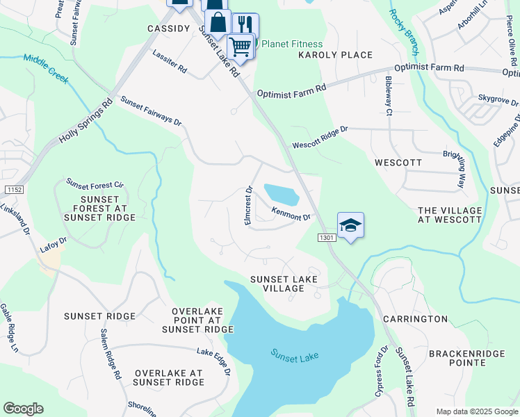 map of restaurants, bars, coffee shops, grocery stores, and more near 239 Kenmont Drive in Holly Springs