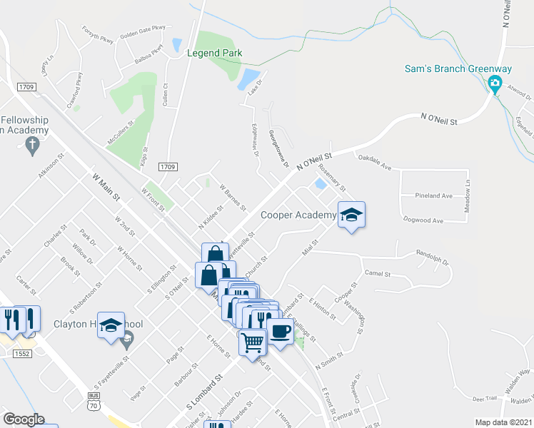 map of restaurants, bars, coffee shops, grocery stores, and more near 538 North Fayetteville Street in Clayton