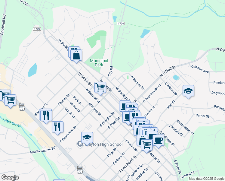 map of restaurants, bars, coffee shops, grocery stores, and more near 25 North Robertson Street in Clayton