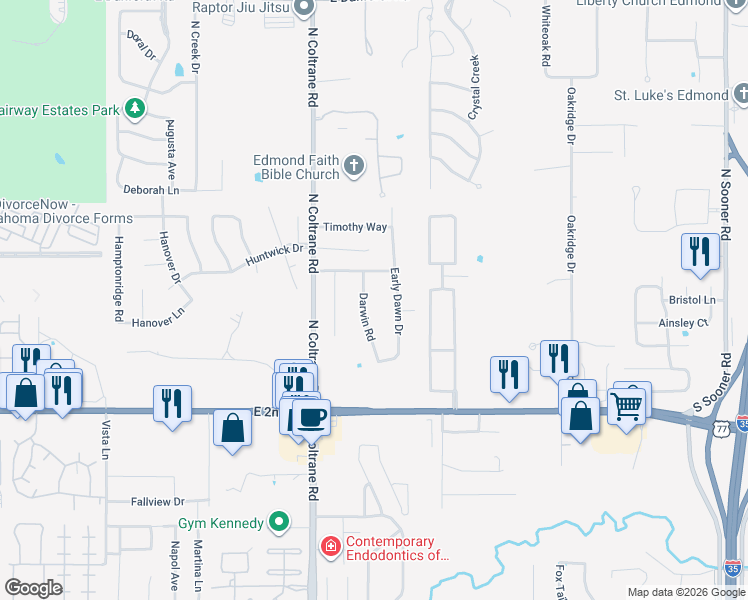 map of restaurants, bars, coffee shops, grocery stores, and more near 104 Darwin Road in Edmond
