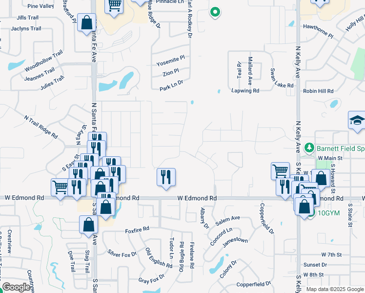 map of restaurants, bars, coffee shops, grocery stores, and more near 148 Kristy Drive in Edmond
