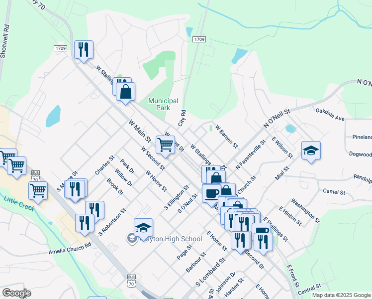 map of restaurants, bars, coffee shops, grocery stores, and more near 25 North Robertson Street in Clayton