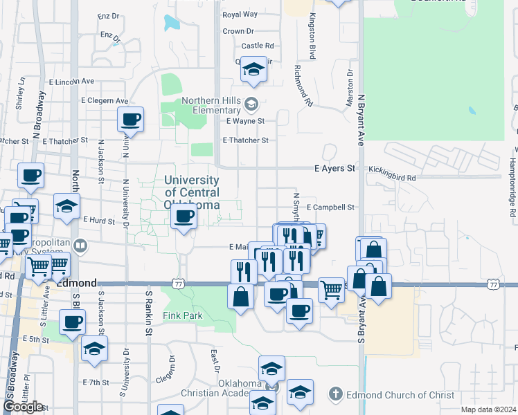 map of restaurants, bars, coffee shops, grocery stores, and more near 1002 East Campbell Street in Edmond