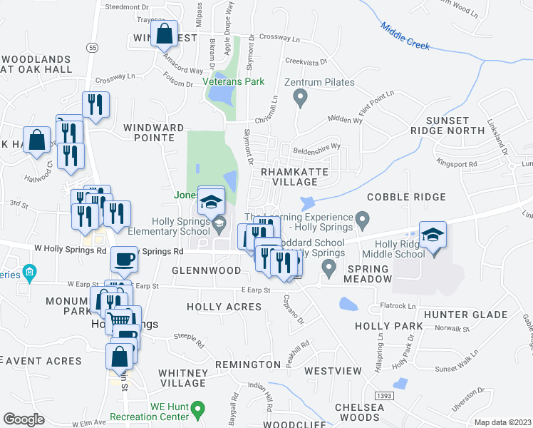 map of restaurants, bars, coffee shops, grocery stores, and more near 241 Jones Hill Rd in Holly Springs