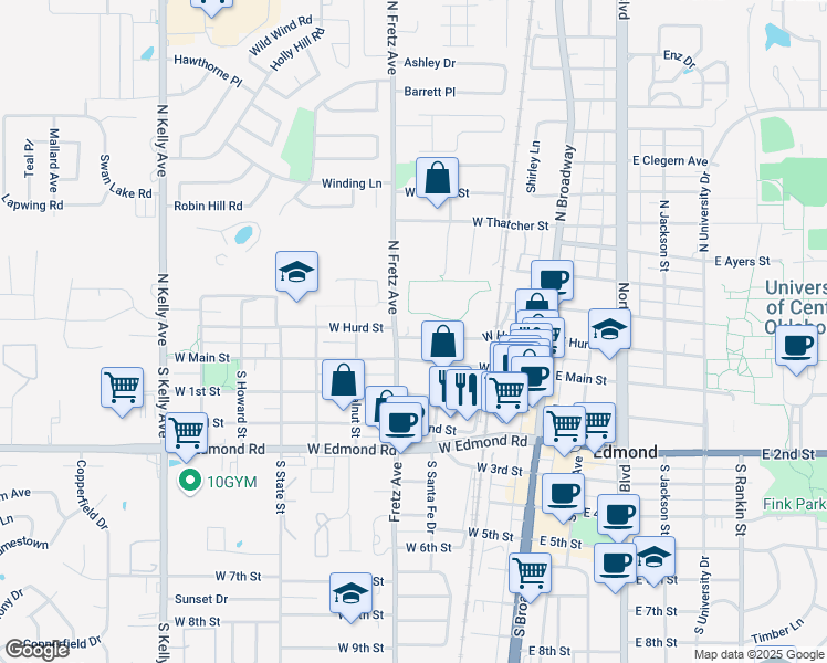 map of restaurants, bars, coffee shops, grocery stores, and more near 225 West Hurd Street in Edmond