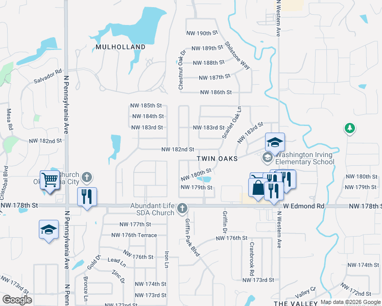 map of restaurants, bars, coffee shops, grocery stores, and more near 1509 Northwest 181st Street in Edmond