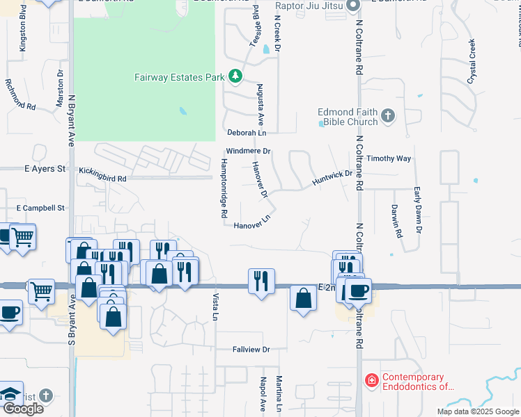 map of restaurants, bars, coffee shops, grocery stores, and more near 2404 Huntwick Drive in Edmond