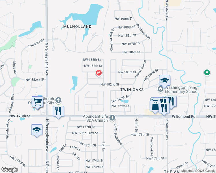 map of restaurants, bars, coffee shops, grocery stores, and more near 1532 NW 182nd St in Edmond