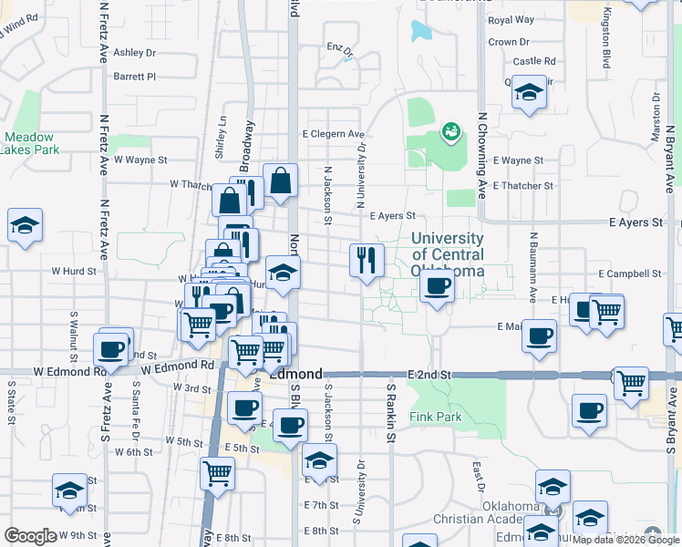map of restaurants, bars, coffee shops, grocery stores, and more near 312 East Campbell Street in Edmond