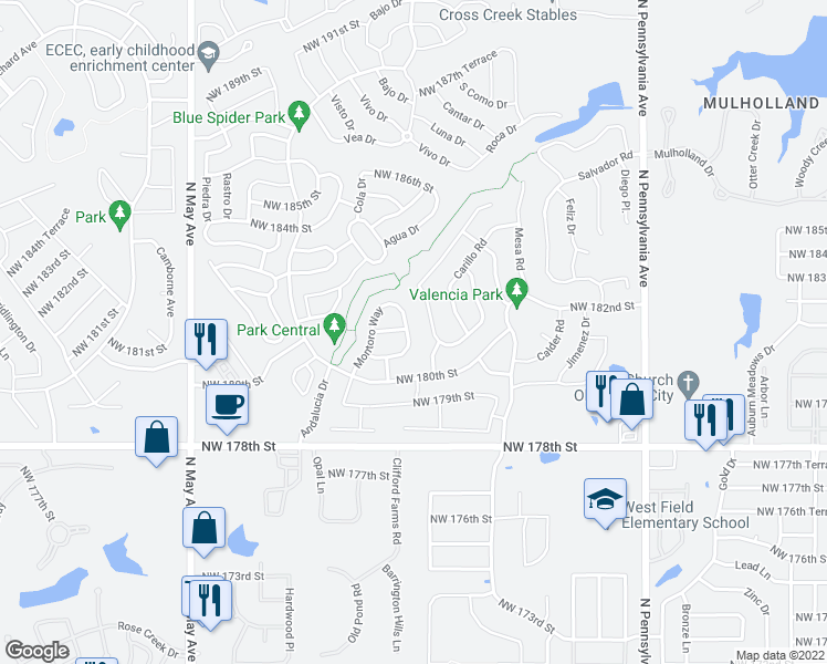 map of restaurants, bars, coffee shops, grocery stores, and more near 18208 Tambor Drive in Edmond