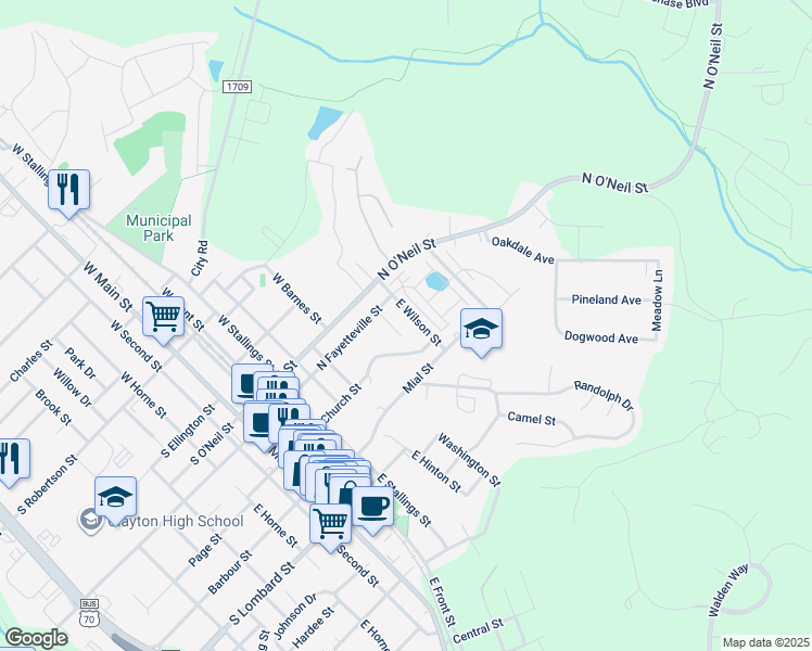 map of restaurants, bars, coffee shops, grocery stores, and more near 151 East Wilson Street in Clayton
