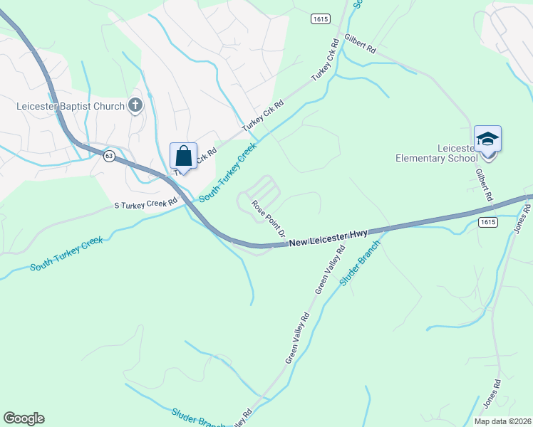 map of restaurants, bars, coffee shops, grocery stores, and more near 92 Rose Creek Road in Leicester
