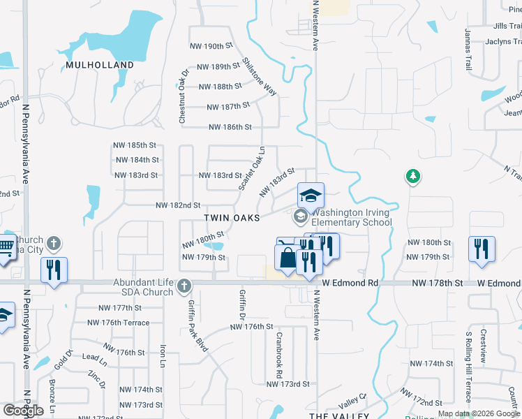 map of restaurants, bars, coffee shops, grocery stores, and more near 1252 Northwest 183rd Street in Edmond