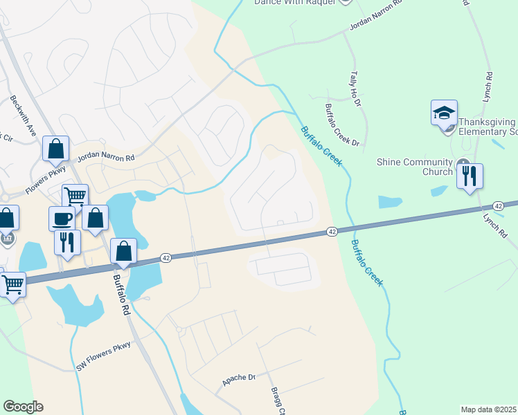 map of restaurants, bars, coffee shops, grocery stores, and more near 63 Mallard Loop Drive in Clayton