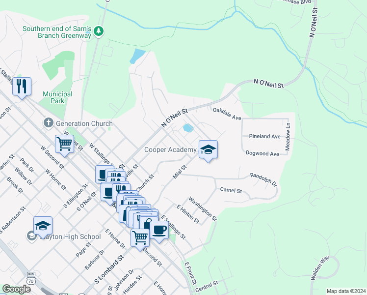 map of restaurants, bars, coffee shops, grocery stores, and more near 227 East Wilson Street in Clayton