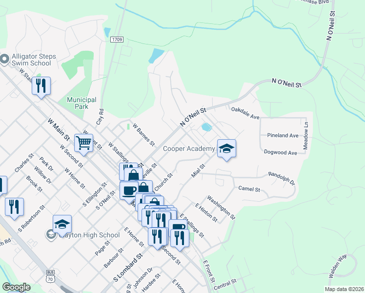 map of restaurants, bars, coffee shops, grocery stores, and more near 127 East Kennel Lane in Clayton