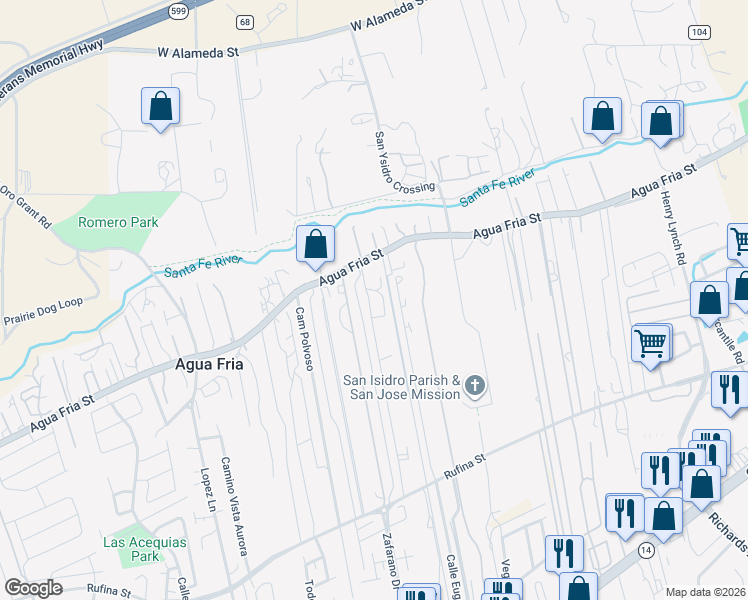 map of restaurants, bars, coffee shops, grocery stores, and more near in Santa Fe