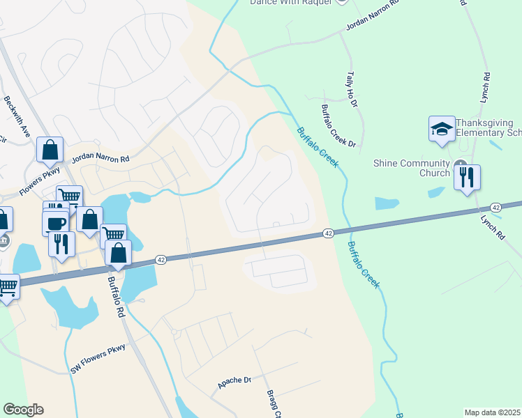 map of restaurants, bars, coffee shops, grocery stores, and more near 63 Mallard Loop Drive in Clayton