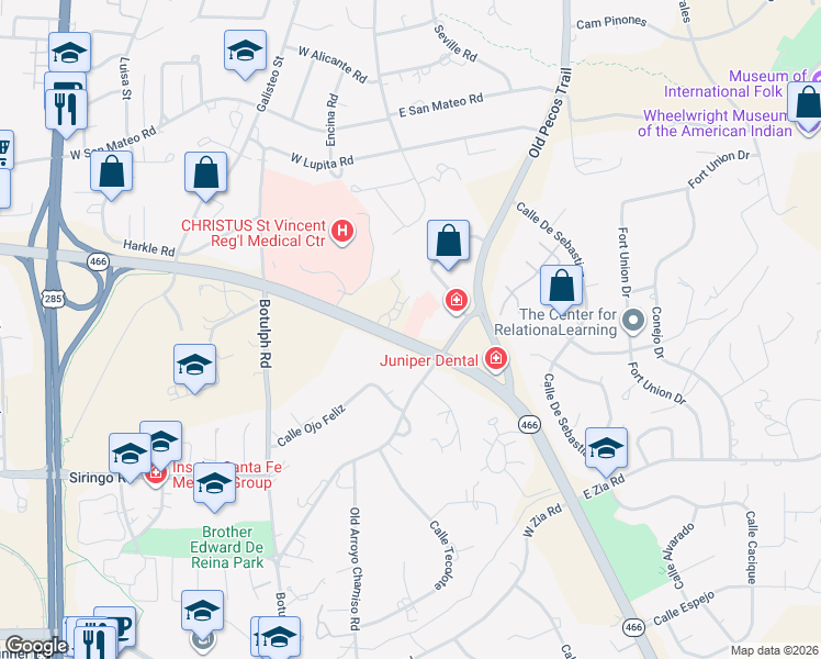 map of restaurants, bars, coffee shops, grocery stores, and more near 435 Saint Michaels Drive in Santa Fe