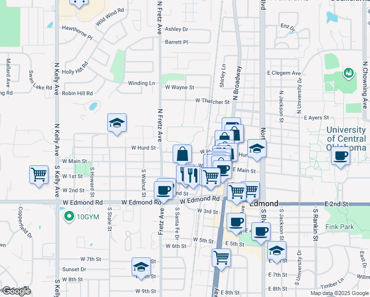 map of restaurants, bars, coffee shops, grocery stores, and more near 133 West Hurd Street in Edmond