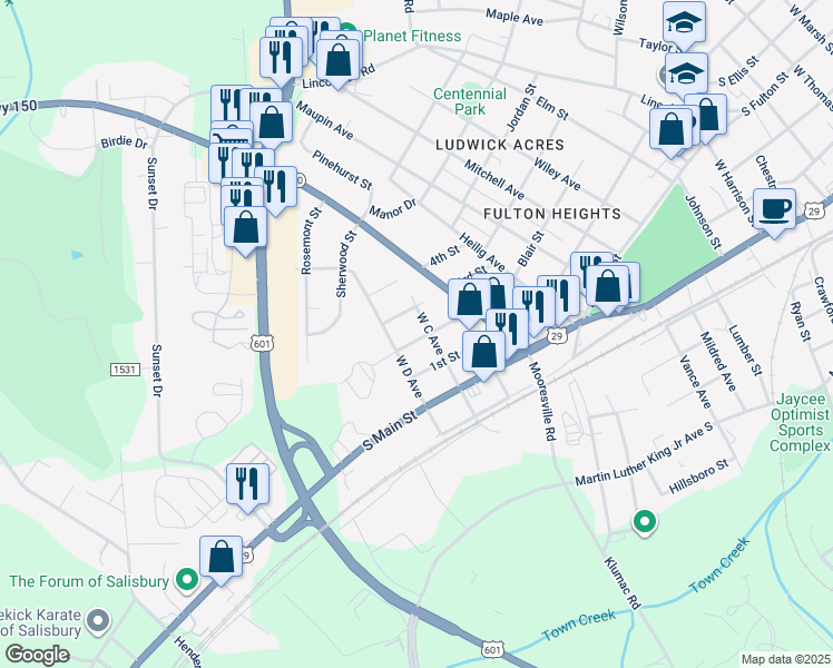 map of restaurants, bars, coffee shops, grocery stores, and more near 1810 2nd Street in Salisbury
