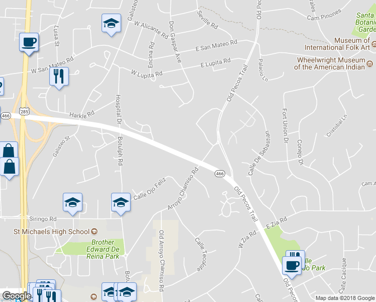 map of restaurants, bars, coffee shops, grocery stores, and more near 435 Saint Michaels Drive in Santa Fe