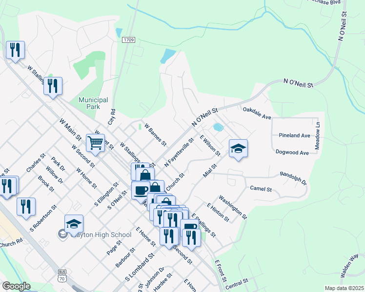 map of restaurants, bars, coffee shops, grocery stores, and more near 538 North Fayetteville Street in Clayton