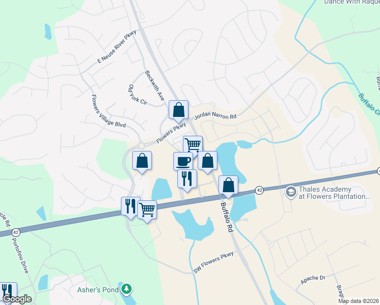 map of restaurants, bars, coffee shops, grocery stores, and more near Jordan Narron Road in Clayton