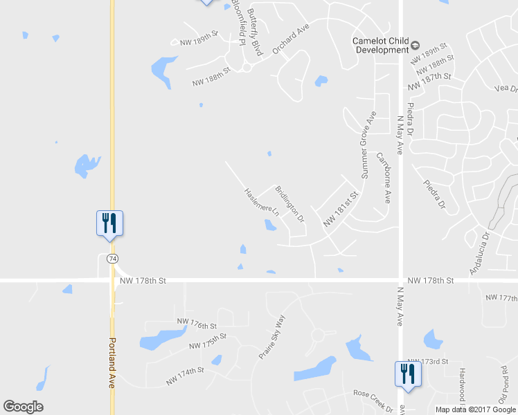 map of restaurants, bars, coffee shops, grocery stores, and more near 18417 Haslemere Lane in Edmond
