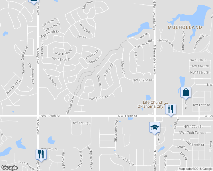 map of restaurants, bars, coffee shops, grocery stores, and more near 18205 Carillo Road in Edmond