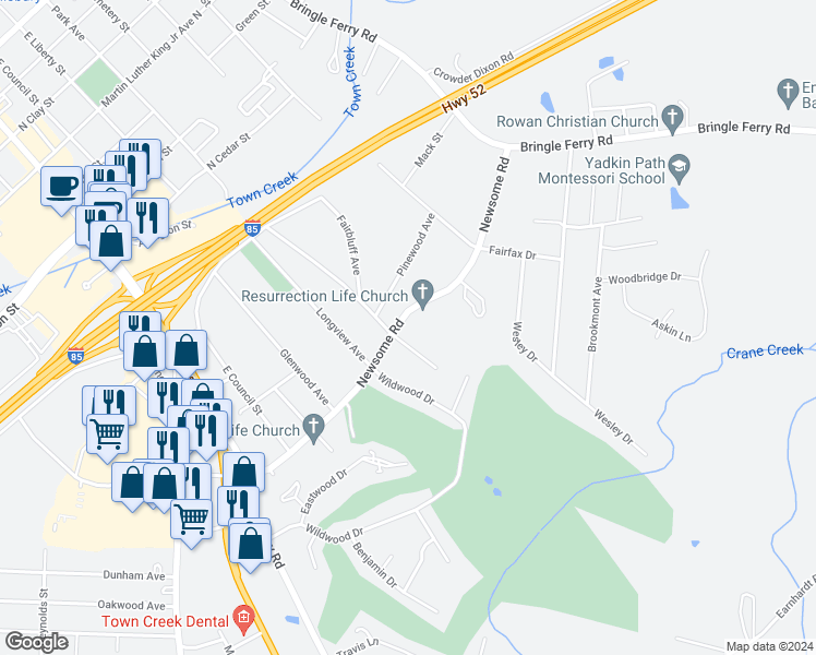 map of restaurants, bars, coffee shops, grocery stores, and more near 609 Newsome Road in Salisbury