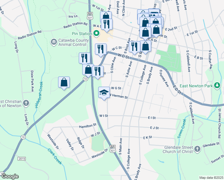 map of restaurants, bars, coffee shops, grocery stores, and more near 211 West G Street in Newton