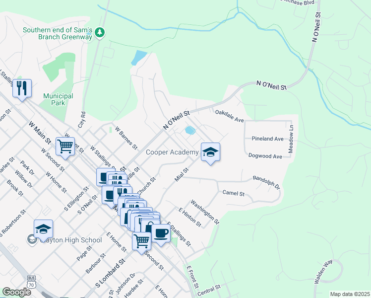 map of restaurants, bars, coffee shops, grocery stores, and more near 227 East Wilson Street in Clayton