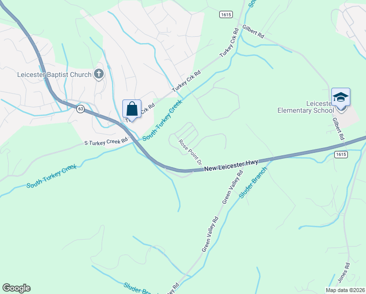 map of restaurants, bars, coffee shops, grocery stores, and more near 92 Rose Creek Road in Leicester