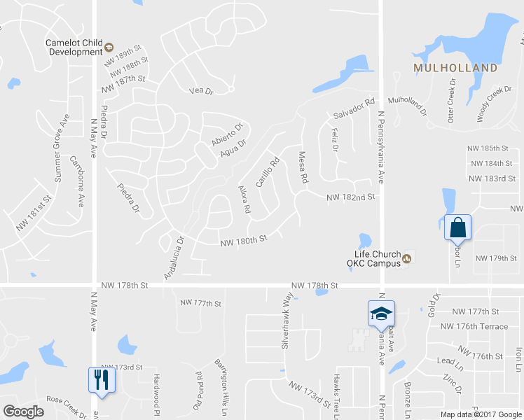 map of restaurants, bars, coffee shops, grocery stores, and more near 18125 Bodegon Road in Edmond