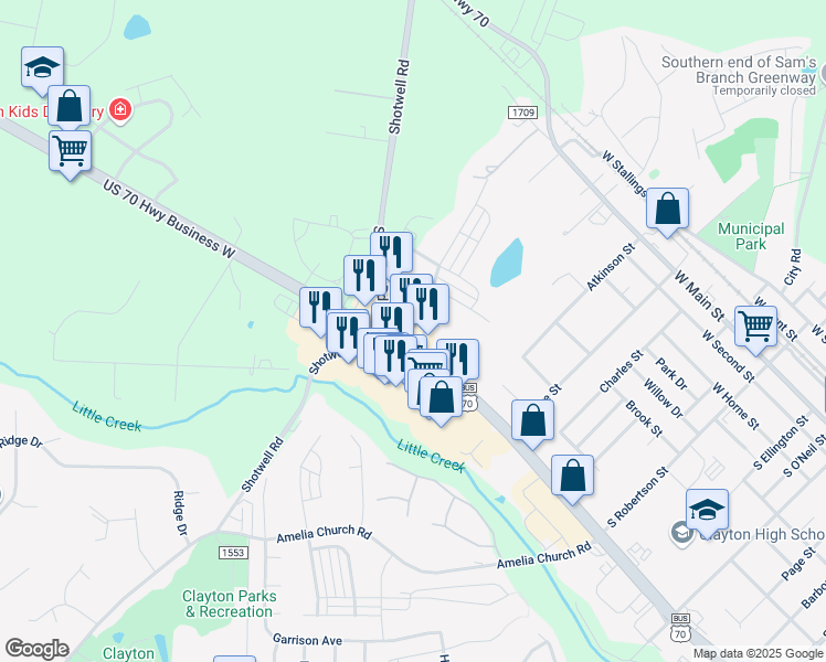 map of restaurants, bars, coffee shops, grocery stores, and more near 770 Enterprise Drive in Clayton