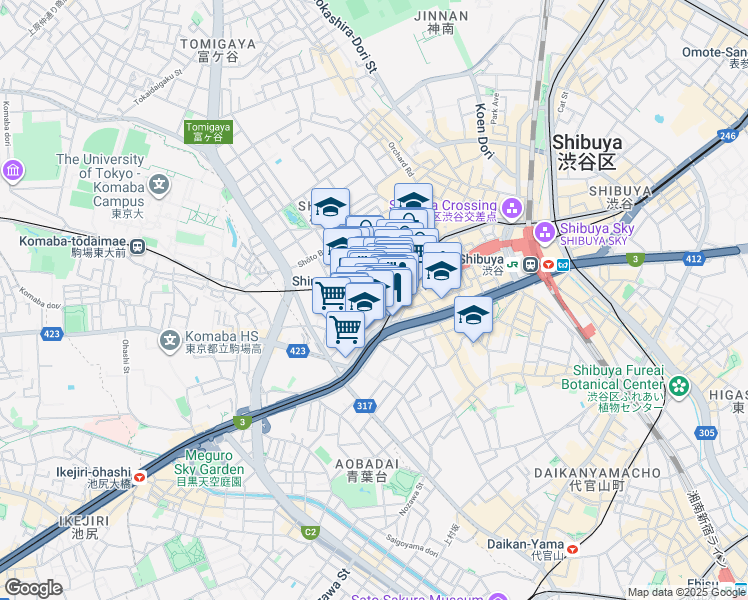 map of restaurants, bars, coffee shops, grocery stores, and more near in Shibuya City