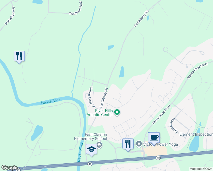 map of restaurants, bars, coffee shops, grocery stores, and more near 43 Stewarts Knob Drive in Clayton
