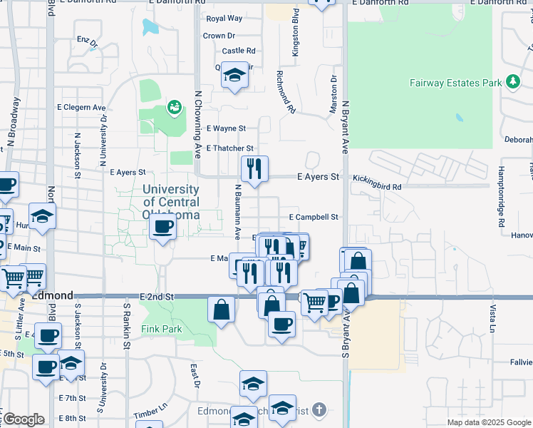 map of restaurants, bars, coffee shops, grocery stores, and more near 122 North Blackwelder Avenue in Edmond