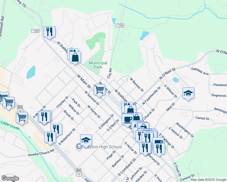 map of restaurants, bars, coffee shops, grocery stores, and more near 215 North Robertson Street in Clayton