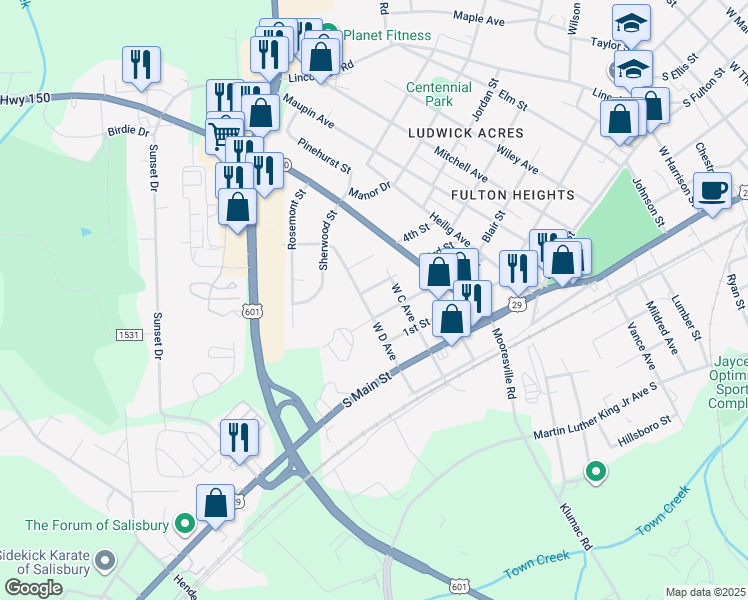 map of restaurants, bars, coffee shops, grocery stores, and more near 306 D Avenue in Salisbury