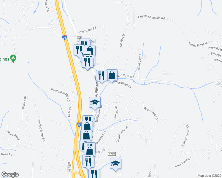 map of restaurants, bars, coffee shops, grocery stores, and more near 124 Naples Road in Asheville